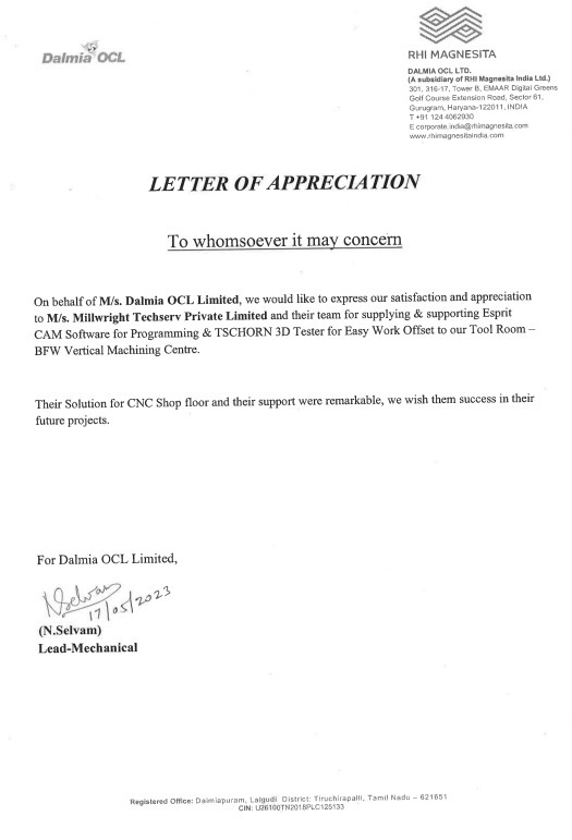 Millwright got appreciated from Dalmia OCL Limited